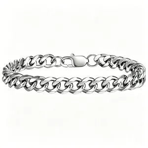 Detailed view of a polished silver titanium steel chunky Cuban link chain bracelet