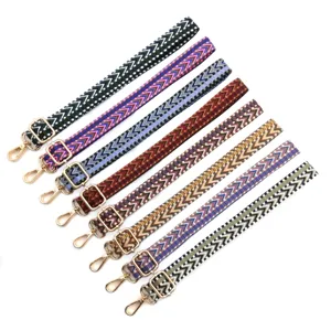Detailed view of adjustable woven bag straps with colorful chevron patterns and gold hardware.