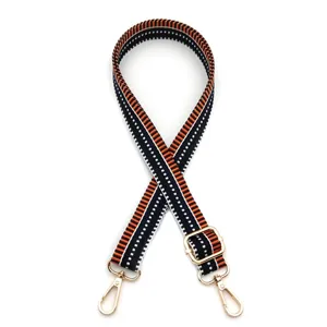 Détail de la bandoulière tissée réglable avec rayures orange noir et ferrures dorées