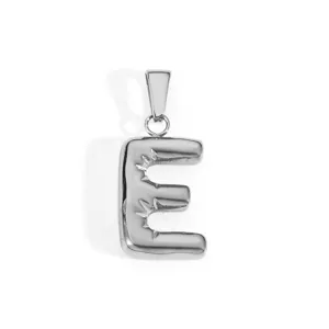 High-quality silver stainless steel letter E pendant featuring unique engraved burst details.