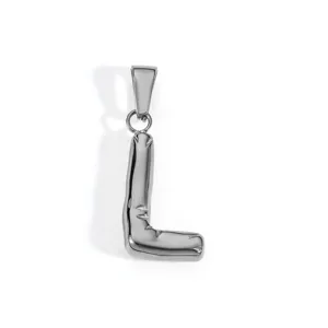 Detailed macro view of silver stainless steel balloon letter L pendant necklace charm