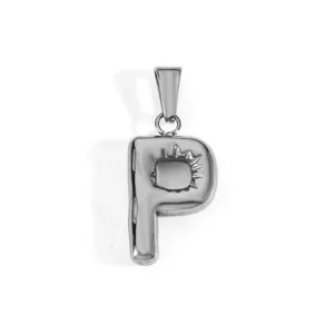 Detailed macro view of a silver stainless steel uppercase P letter pendant charm