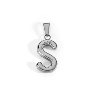 Detailed view of stainless steel bubble letter S pendant with star engravings.