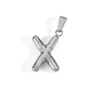 Detail view of a silver-toned stainless steel uppercase letter X alphabet pendant.
