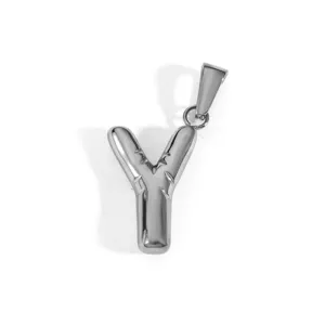 Detail showing a polished silver stainless steel capital letter Y pendant accessory