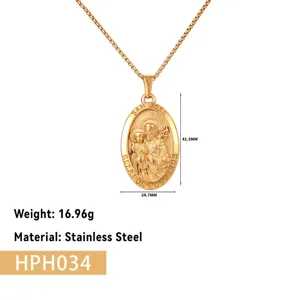 Collier avec pendentif Saint Joseph en acier inoxydable doré avec dimensions et poids net