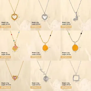 Stainless Steel Rainbow Beaded Smiley Face Necklace Heart Pendant Mother Of Pearl Rhinestone Waterproof Trendy Choker For Women