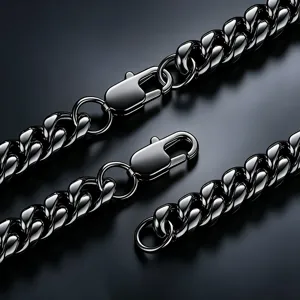 Macro detail of black stainless steel Cuban link chain featuring a secure lobster clasp.