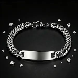 Polished stainless steel Cuban link bracelet for men with blank curved ID plate detail.