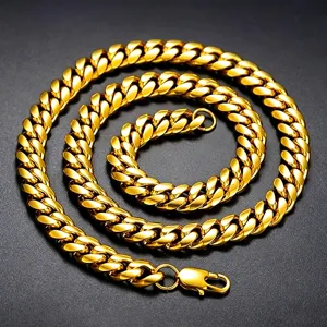 Detailed close-up of thick 18K gold plated stainless steel Cuban link necklace for men