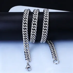 Close-up of a double-woven stainless steel Cuban chain with a secure lobster clasp.