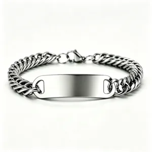 Men's Stainless Steel Cuban Link Bracelet With Blank Curved ID Plate For DIY Engraving Polished Hip Hop Style Jewelry Gift
