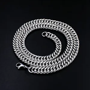 Close-up view of a thick double-woven stainless steel Cuban link chain with a clasp