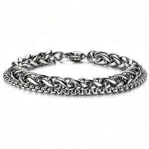 Close-up of double-layered silver stainless steel Cuban chain bracelet for men