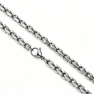 Macro detail of polished stainless steel tank chain link with a secure lobster clasp.