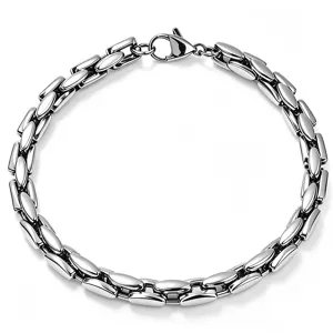 Macro detailed view of a polished silver titanium steel tank link bracelet with a lobster clasp