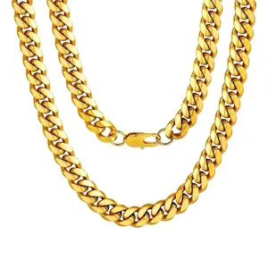 Detailed view of polished 18K gold plated Cuban link necklaces with sturdy clasps.