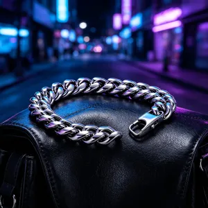 Macro view of polished silver stainless steel Cuban link bracelet for men