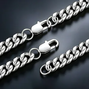 Close-up of high-polished stainless steel Cuban link chain with secure lobster clasp