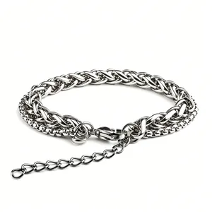 Stainless Steel Double Layer Cuban Chain Bracelet Men Women Hip Hop Punk Polished Braided Herringbone Adjustable Wristband