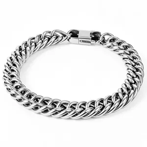 Detailed macro view of heavy stainless steel Cuban link chain bracelet for men