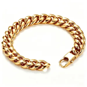Detailed macro view of polished 18K gold-plated Cuban link bracelet with lobster clasp