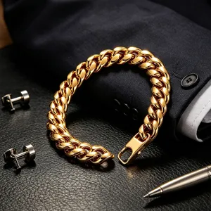 Detailed view of polished 18K gold plated chunky Cuban link bracelet for men.