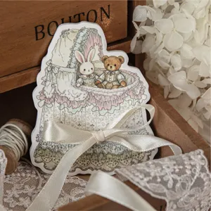 Vintage Rococo-plaknotities met konijn en beer illustratie voor DIY journaling