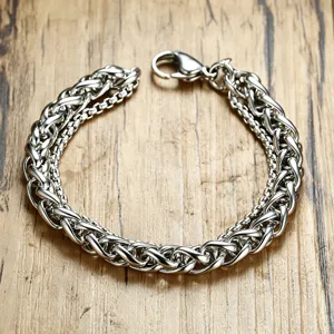 Double-layer stainless steel Cuban link bracelet for men with polished silver finish