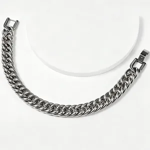Macro view of wide stainless steel Cuban link chain with secure square clasp