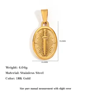 Detailed view of gold sword pendant with 23.5mm height and 14.4mm width dimensions
