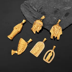 Pendentifs hip hop vintage plaqués or 18 carats avec motifs religieux et égyptiens