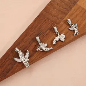 Detailed view of four stainless steel Cupid angel pendants in different artistic poses
