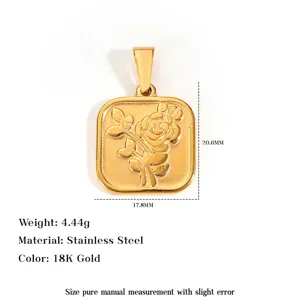 Macro view of 18K gold plated stainless steel rose pendant showing fine engraving