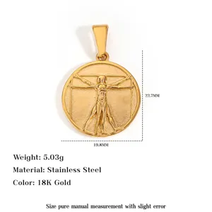 Detail of gold Vitruvian Man pendant with dimensions and material specs.