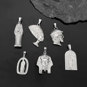 Pendentifs hip-hop en acier inoxydable argenté avec pharaon égyptien et motifs religieux