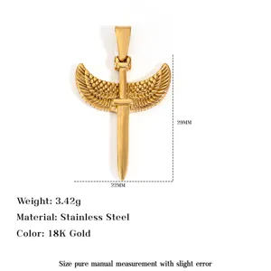 Detailed view of vintage angel wing sword pendant in 18K gold plated stainless steel.