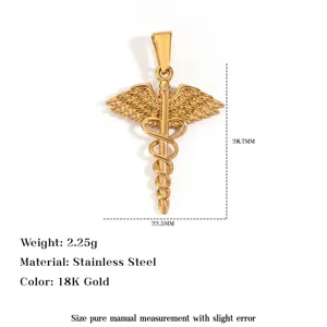 Detailed view of 18K gold plated stainless steel caduceus pendant with dimensions