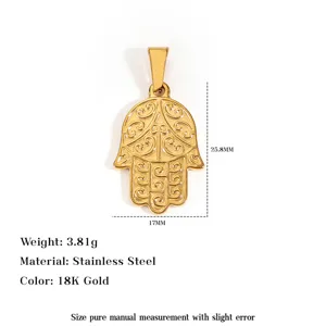 Detailed dimension and material specifications for gold Hamsa Hand stainless steel pendant