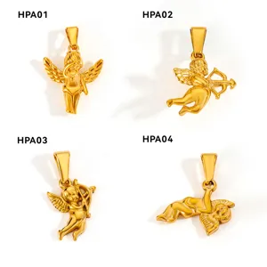 Collection of 18K gold plated stainless steel Cupid angel pendants in various poses.