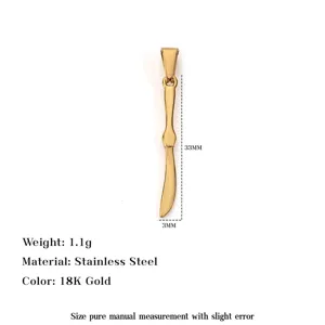 Product detail view of 18K gold plated stainless steel knife pendant with measurements