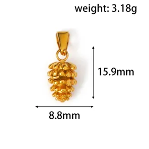 Detailed view of 18k gold plated stainless steel pinecone pendant with dimensions