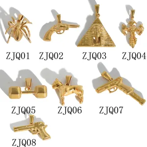 Detailed view of various hip-hop gold pendants including pyramid and pistol shapes