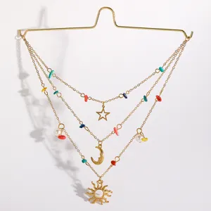 Multi-layer sun moon star car hanging ornament with colorful gravel pearls and gold metal chain.