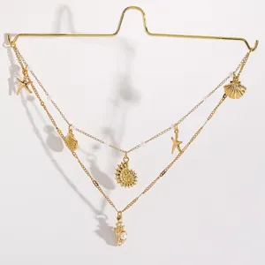 Gold-toned multi-layer shell and starfish pendant detail, elegant marine design accessory.