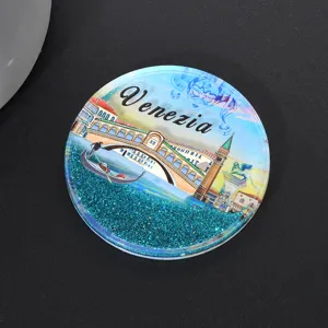 Imán circular para nevera de Venecia con Puente de Rialto y purpurina azul brillante