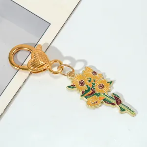 Detailed macro shot of a golden heart-shaped clasp with an enamel sunflower bouquet charm