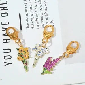 Flower Metal Keychain Enamel Floral Tulip Sunflower Bag Charm Heart Clasp Jewelry Pendant Gift For Women Girlfriend