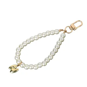 Elegant white pearl keychain strap with gold letter N charm and durable metal clasp