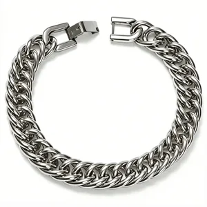 Detailed view of heavy silver stainless steel Cuban link bracelet for men with square clasp